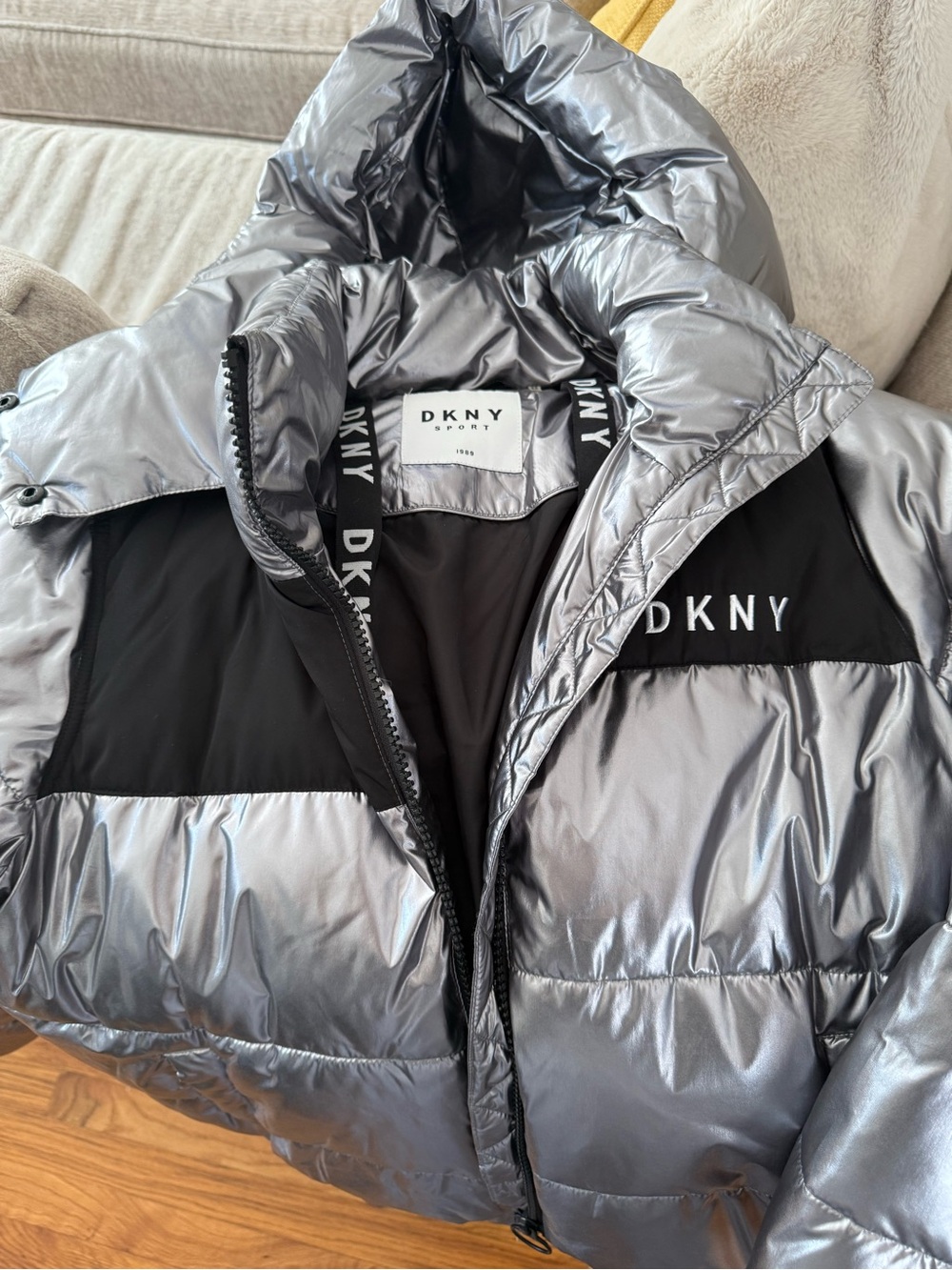 DKNY Silver Metallic Puffer Jacket with Black Accents Brand NEW